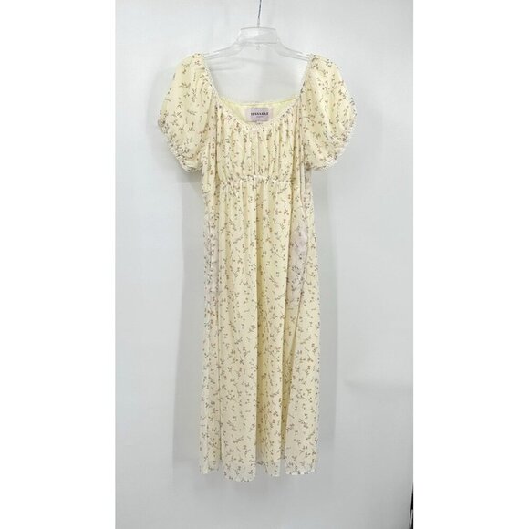 JESSAKAE midi dress boho milkmaid cottagecore puff sleeve sundress yellow L - Picture 1 of 7